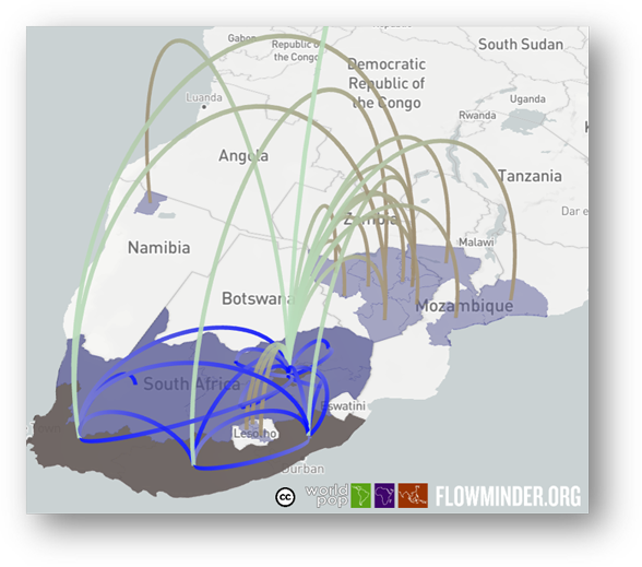 Migrationsbewegungen zwischen verschiedenen Ländern, u.a. Simbabwe, Mosambik und Südafrika, sowie innerhalb Südafrika.