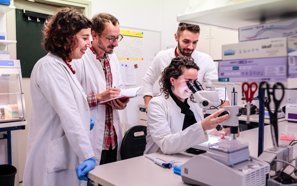 Scientists examining a sample under a microscope in a lab. 