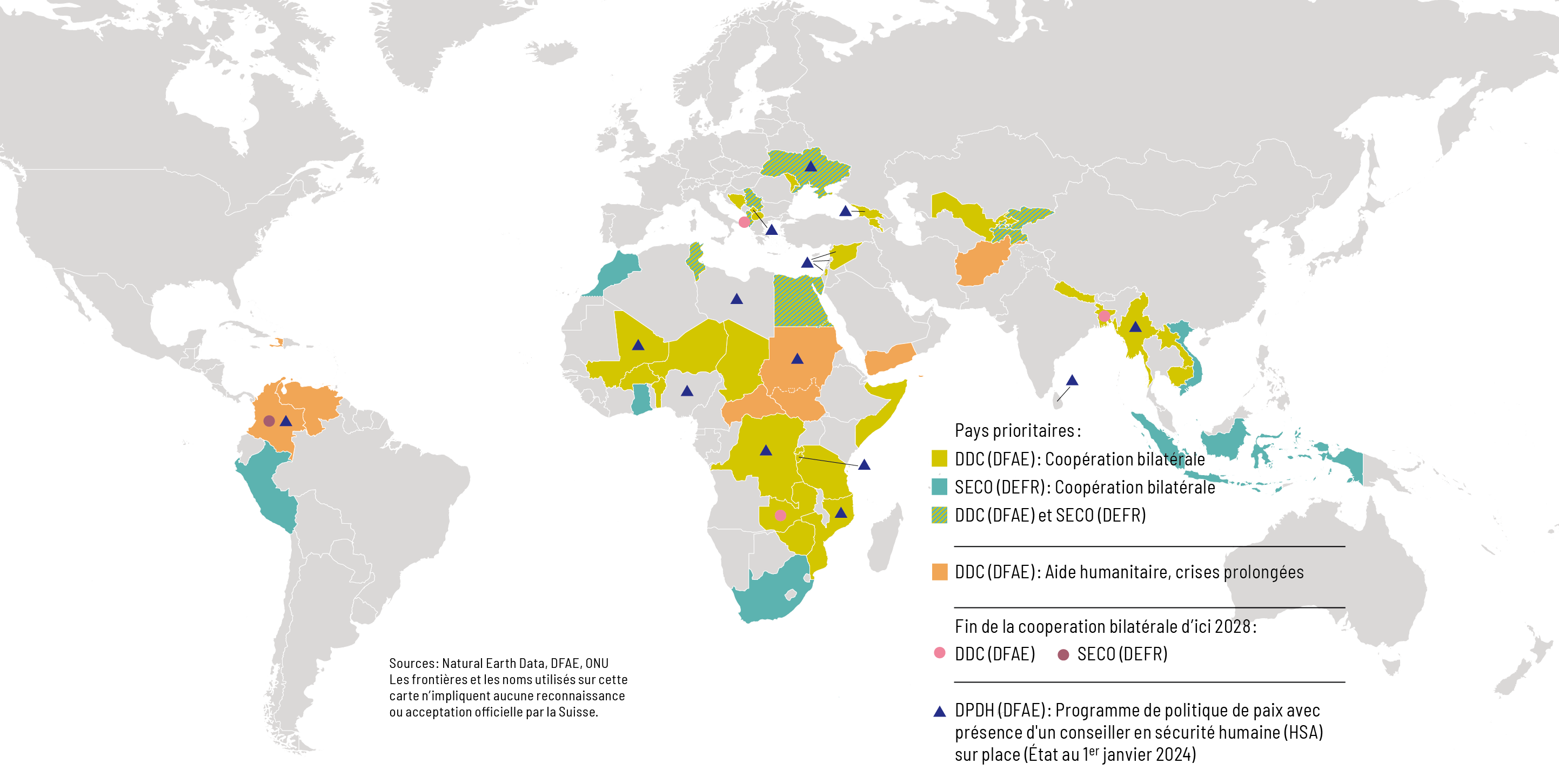 La carte met en évidence les pays définis comme prioritaires dans la stratégie de coopération internationale de la Suisse pour la période 2025-2028.