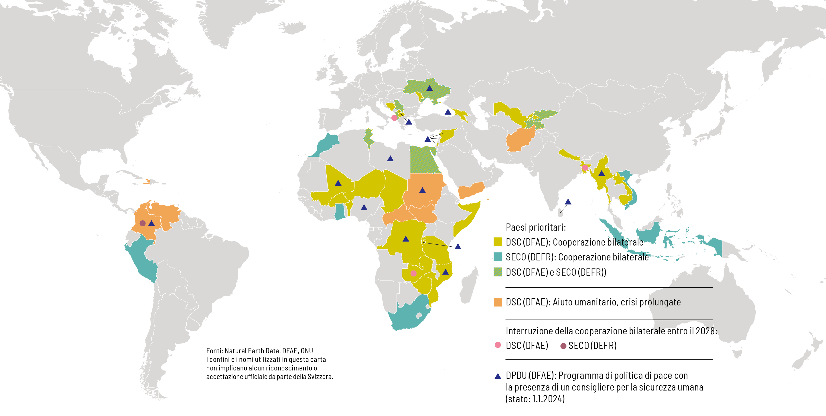La mappa mostra i Paesi prioritari definiti nella Strategia di cooperazione internazionale della Svizzera 2025-2028.