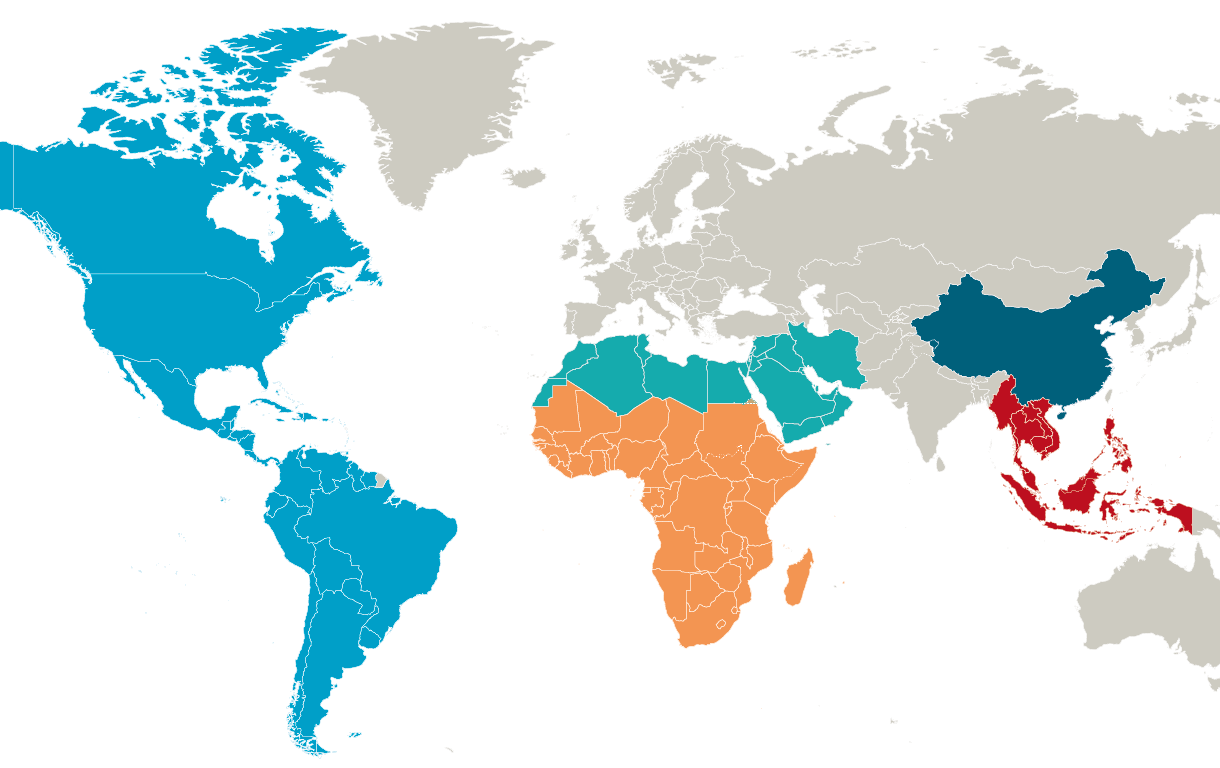 Carte du monde avec les zones du Moyen-Orient, de l’Afrique du Nord, de l’Afrique subsaharienne, de la Chine et de les Amériques marquées en couleur.