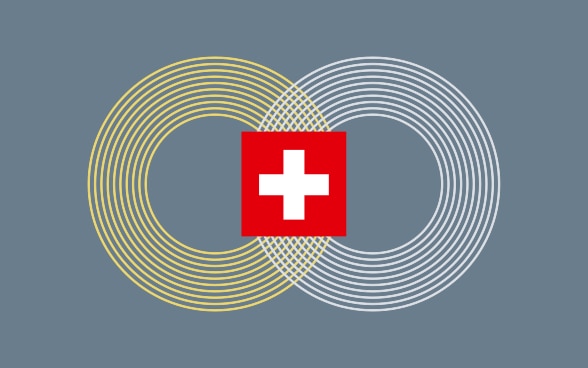Eine Grafik mit einem blauen und einem gelben Kreis, die ineinander übergehen. Darunter stehen – ergänzt durch ein Schweizerkreuz – die Angaben «Hochrangige Konferenz zum Frieden in der Ukraine», der Ort «Bürgenstock – Lake Lucerne» und das Datum «15.-16. Juni 2024».