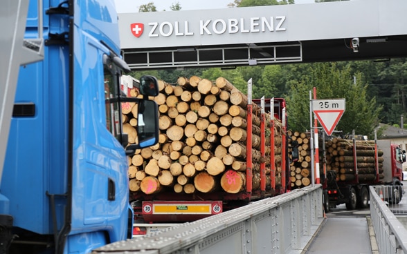 Des camions attendent devant la douane suisse à Coblence.