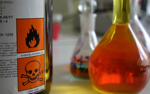Glas mit chemischen Warnschildern