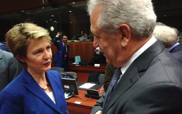 La consigliera federale Simonetta Sommaruga e Commissioner Dimitris Avramopoulos